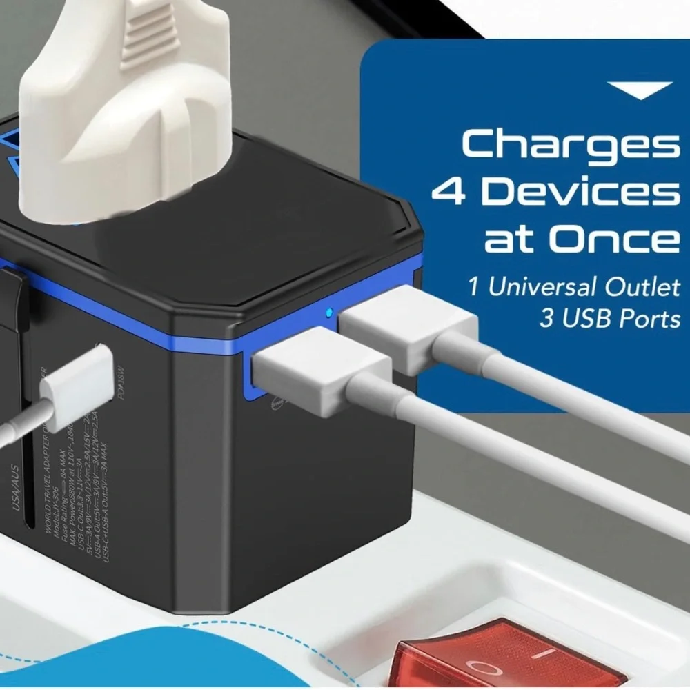 Universal Travel Adapter -Powerful Fast Charging - 2 USB hard case included